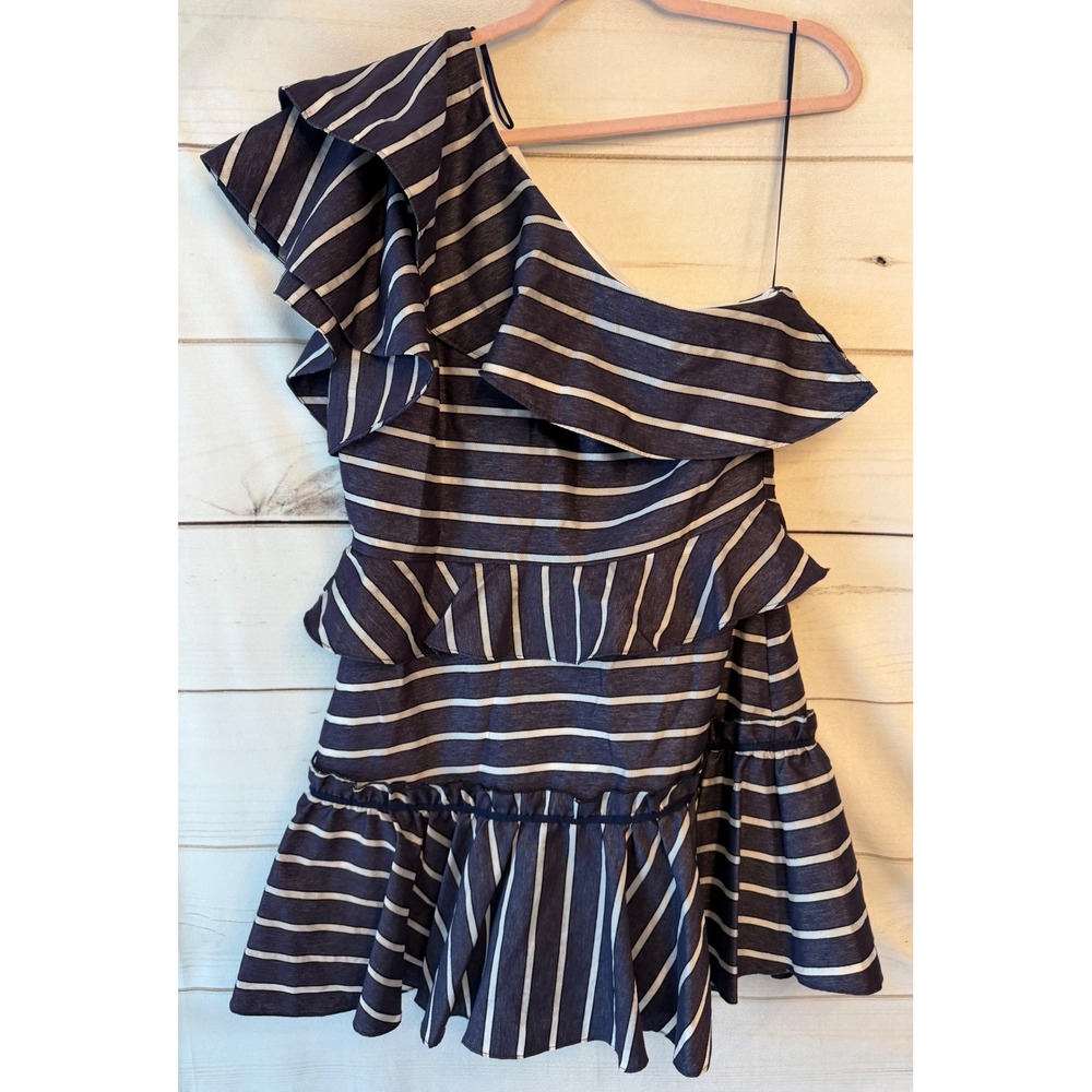 Prose & Poetry Womens One Shoulder Ruffle Tiered Striped Mini Dress Navy Large